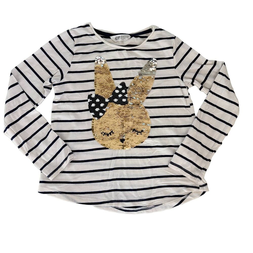 H&M Girls Sequin Bunny Rabbit Striped Long Sleeve Shirt Top White 6-8Y